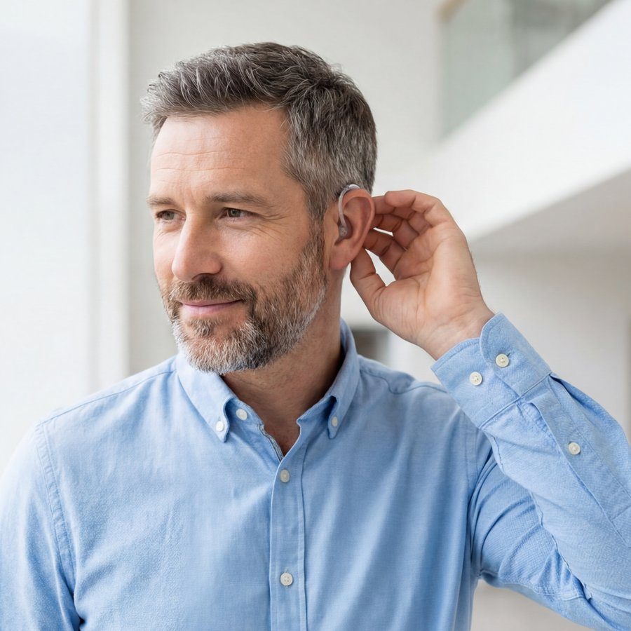 Hombre sonriente usando un audífono retroauricular después de su tratamiento auditivo